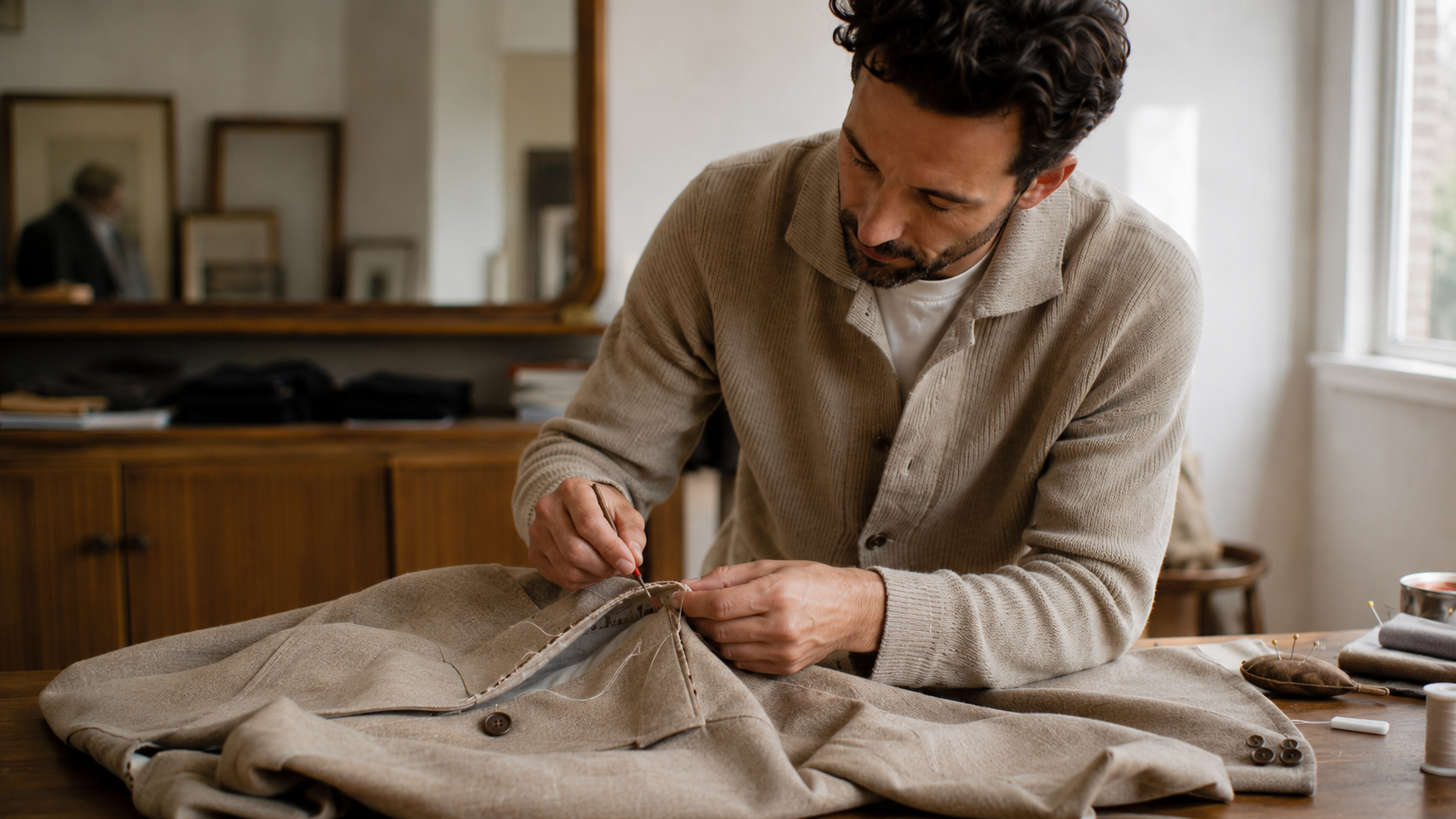 Tailor hand-stitching a sport coat at the worktable