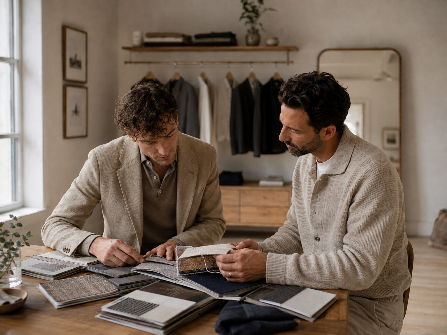 Tailor and client reviewing fabric swatch books together at the shop table